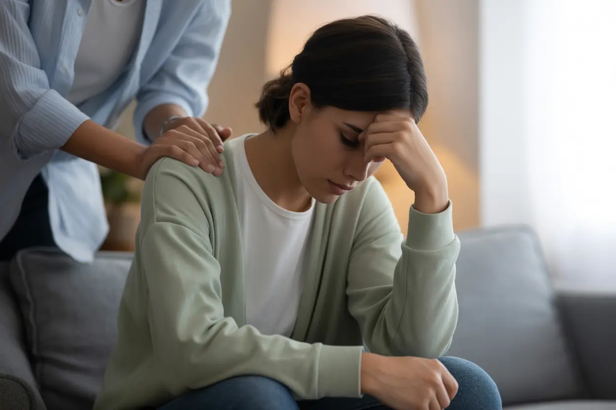 A supportive friend places a comforting hand on the shoulder of a worried and withdrawn person in a quiet living room.