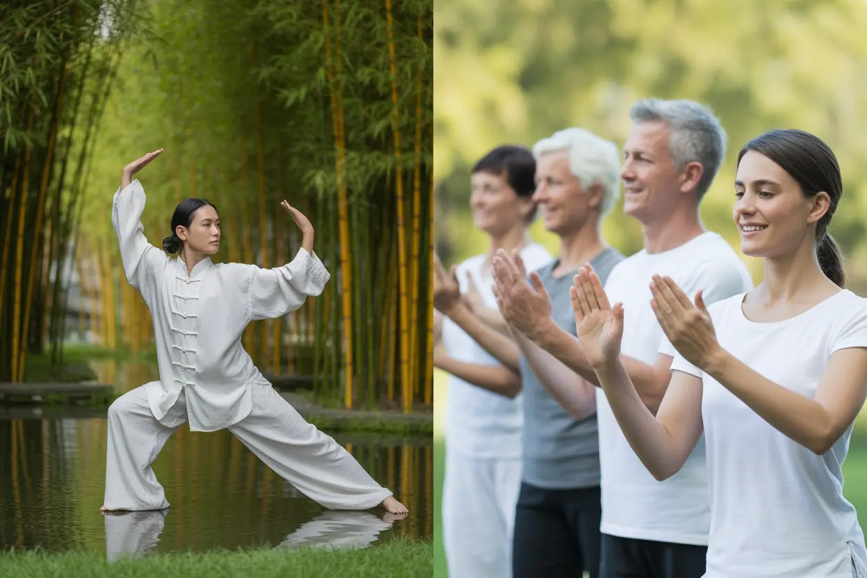 A split screen image showing a person doing a complex Tai Chi pose in a garden on the left, and a group doing a simpler Qigong movement outdoors on the right.
