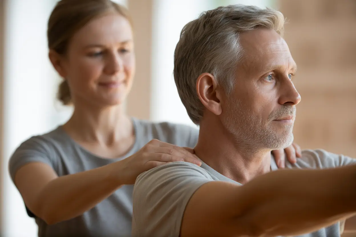 A caring instructor gently helps an older man with his posture in a serene Tai Chi studio.
