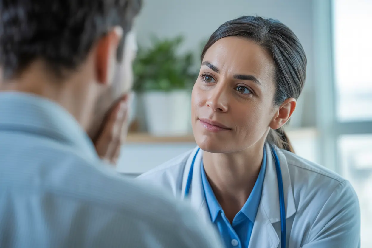 A compassionate therapist listens intently to a person in a bright and comfortable office.