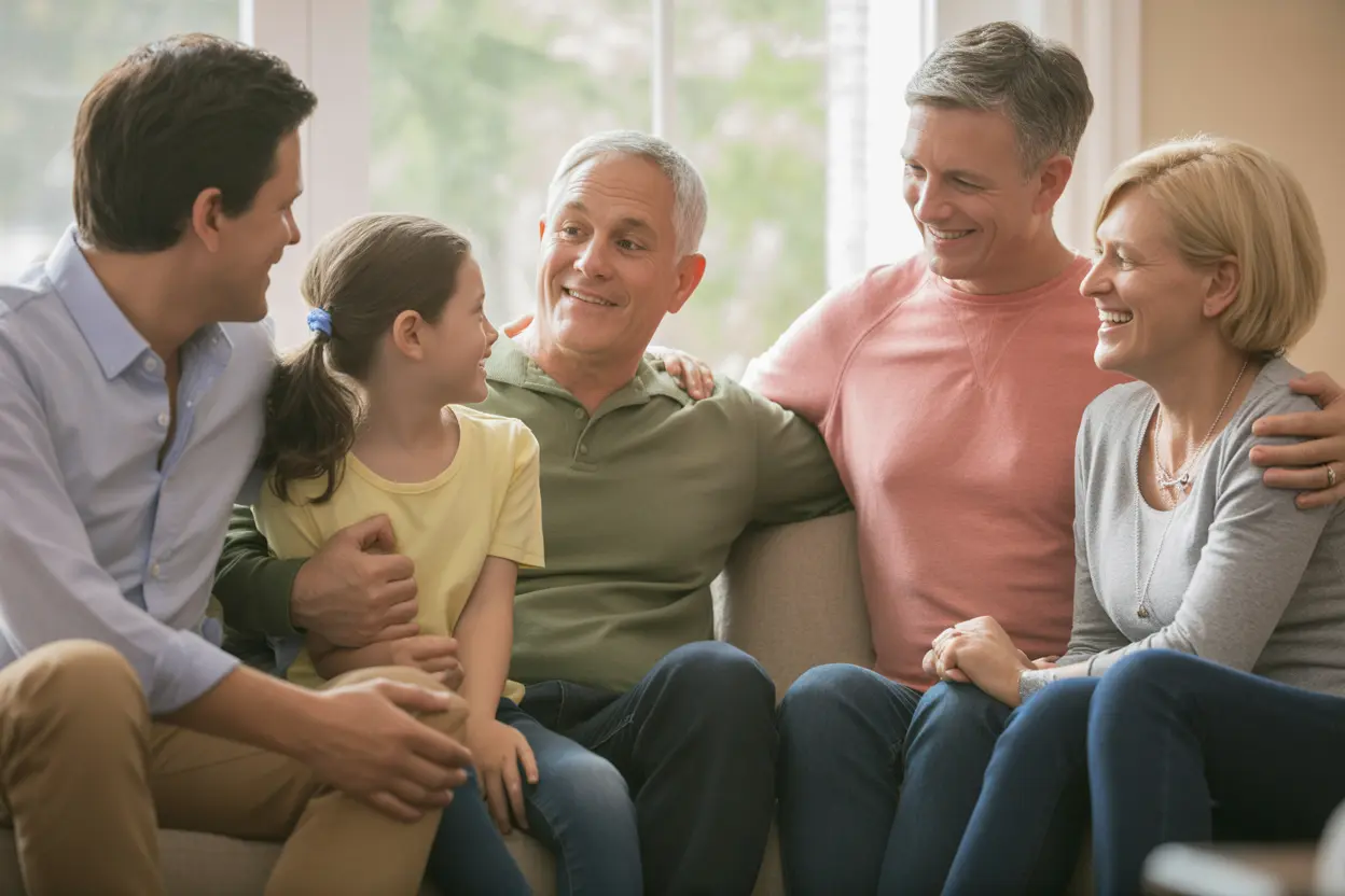 A multi-generational family smiling and talking together in a cozy living room.