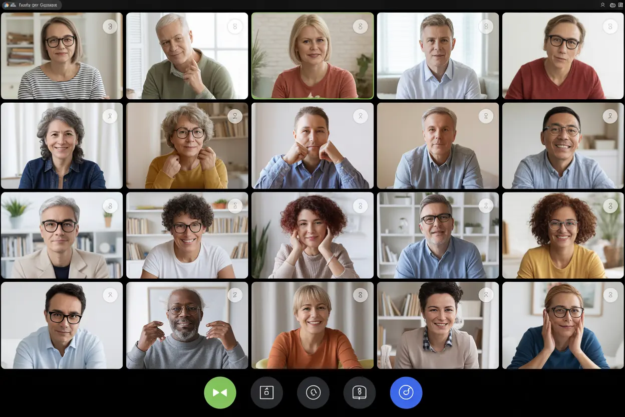 A grid of diverse individuals participating in an online support group meeting.