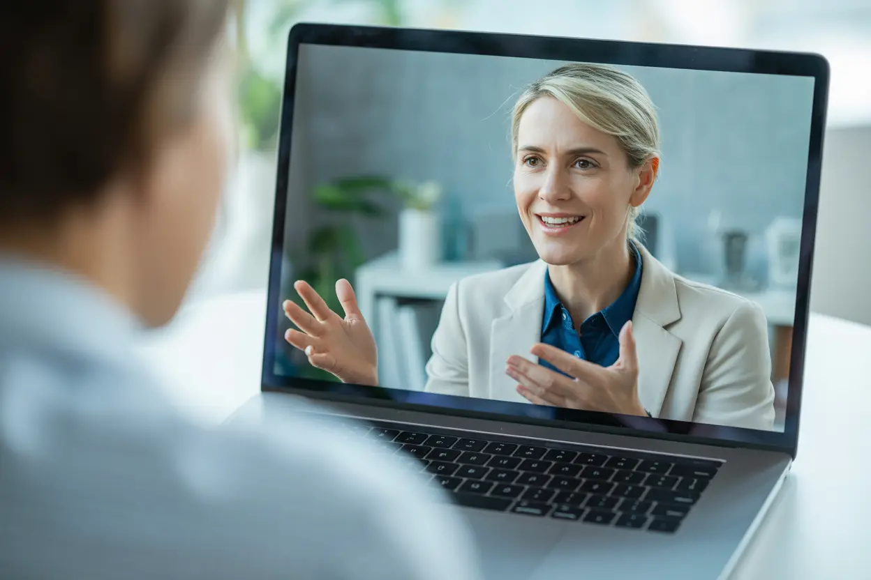 A professional therapist on a laptop screen during a telehealth video call.