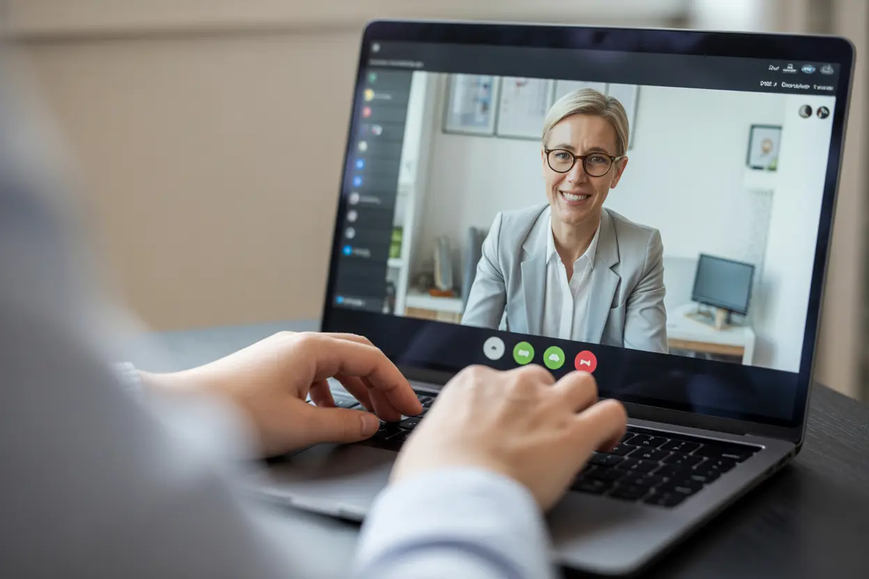 A person engaged in a secure video therapy session with a professional on their laptop.