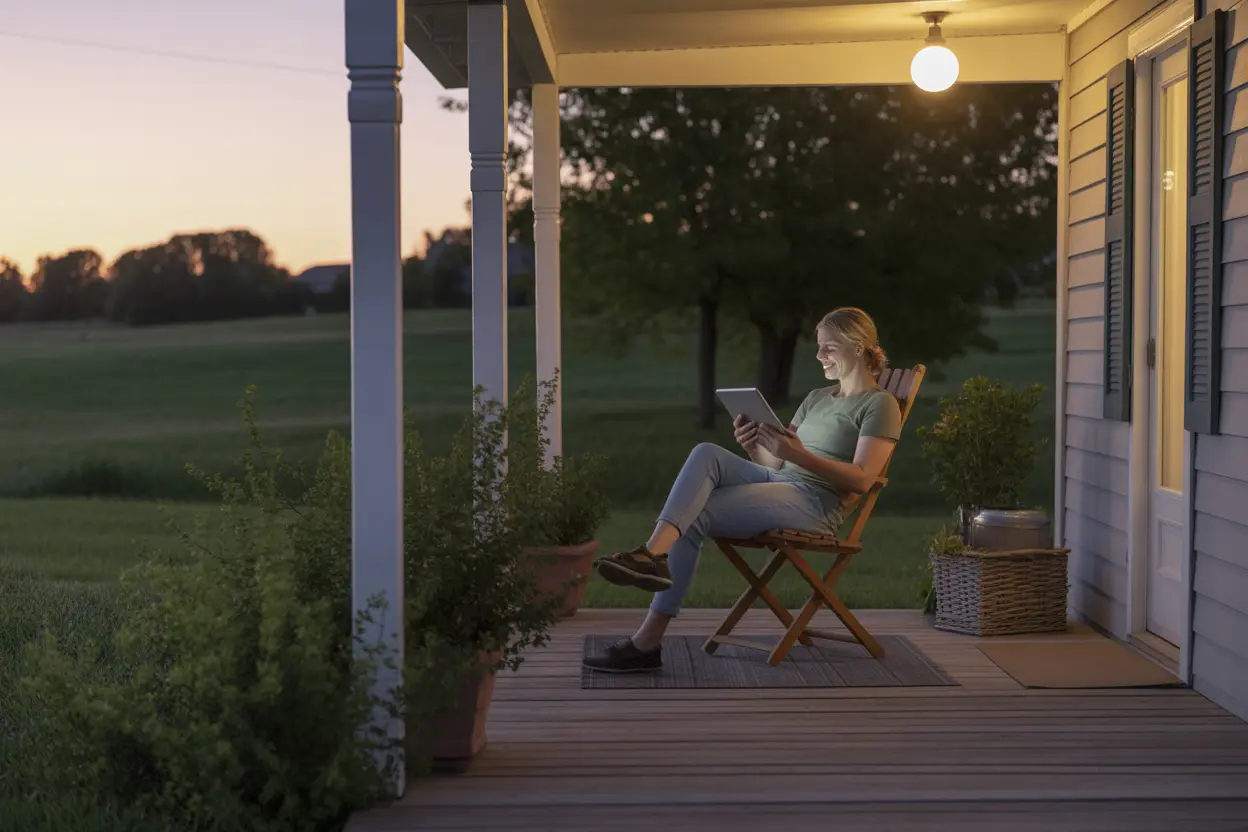 A person finds peace and accessible care through a tablet on their rural Indiana porch at dusk.