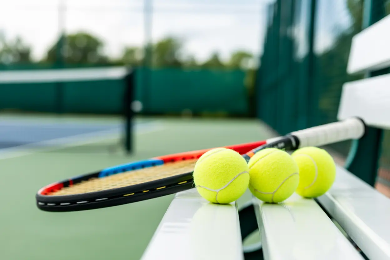 A tennis racket and balls resting on a bench next to a court, symbolizing readiness for a new healthy activity.