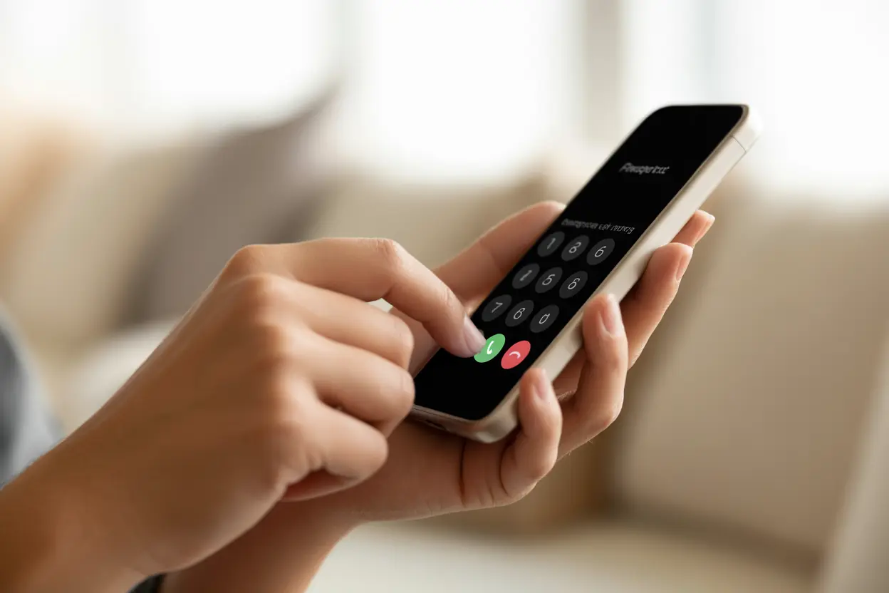 A person's hands dialing a number on a smartphone, representing the hopeful act of reaching out for help.
