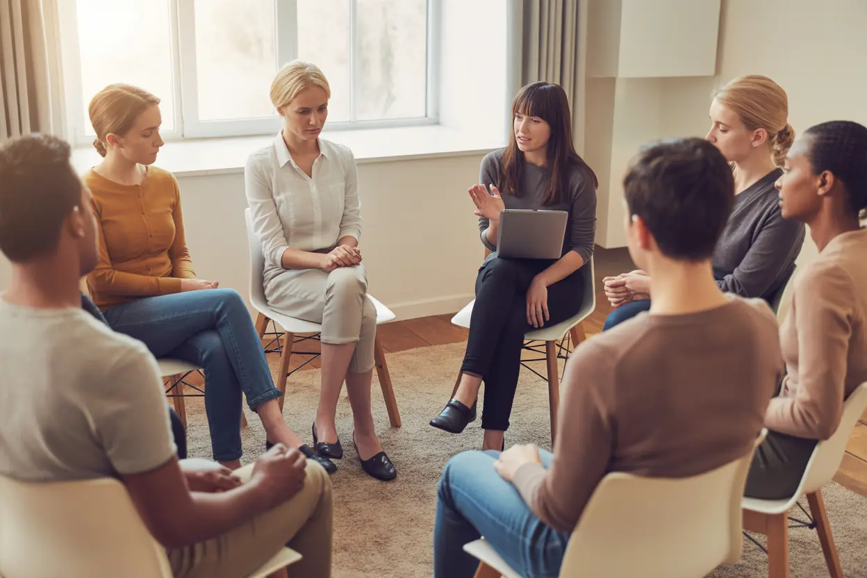 A supportive and calm group therapy session in a sunlit room at a treatment center.