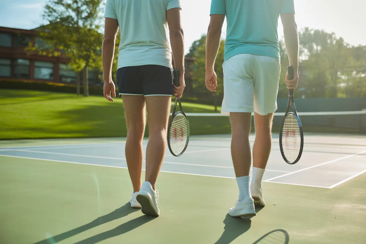 Two people walking toward a sunny tennis court at a peaceful rehab facility, rackets in hand.