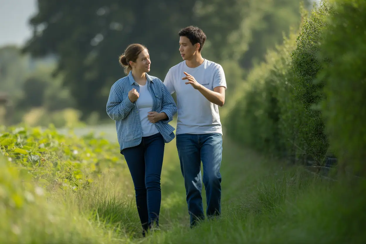 Two people walking and talking on a path in a peaceful garden, representing peer support and connection.