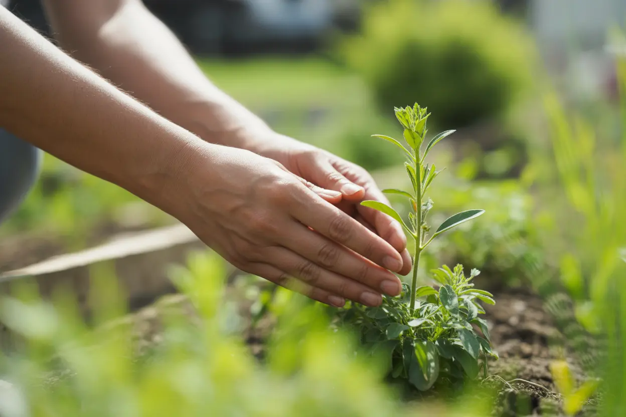 A person's hands gently tending to a small plant in a garden, symbolizing growth and patience in recovery.