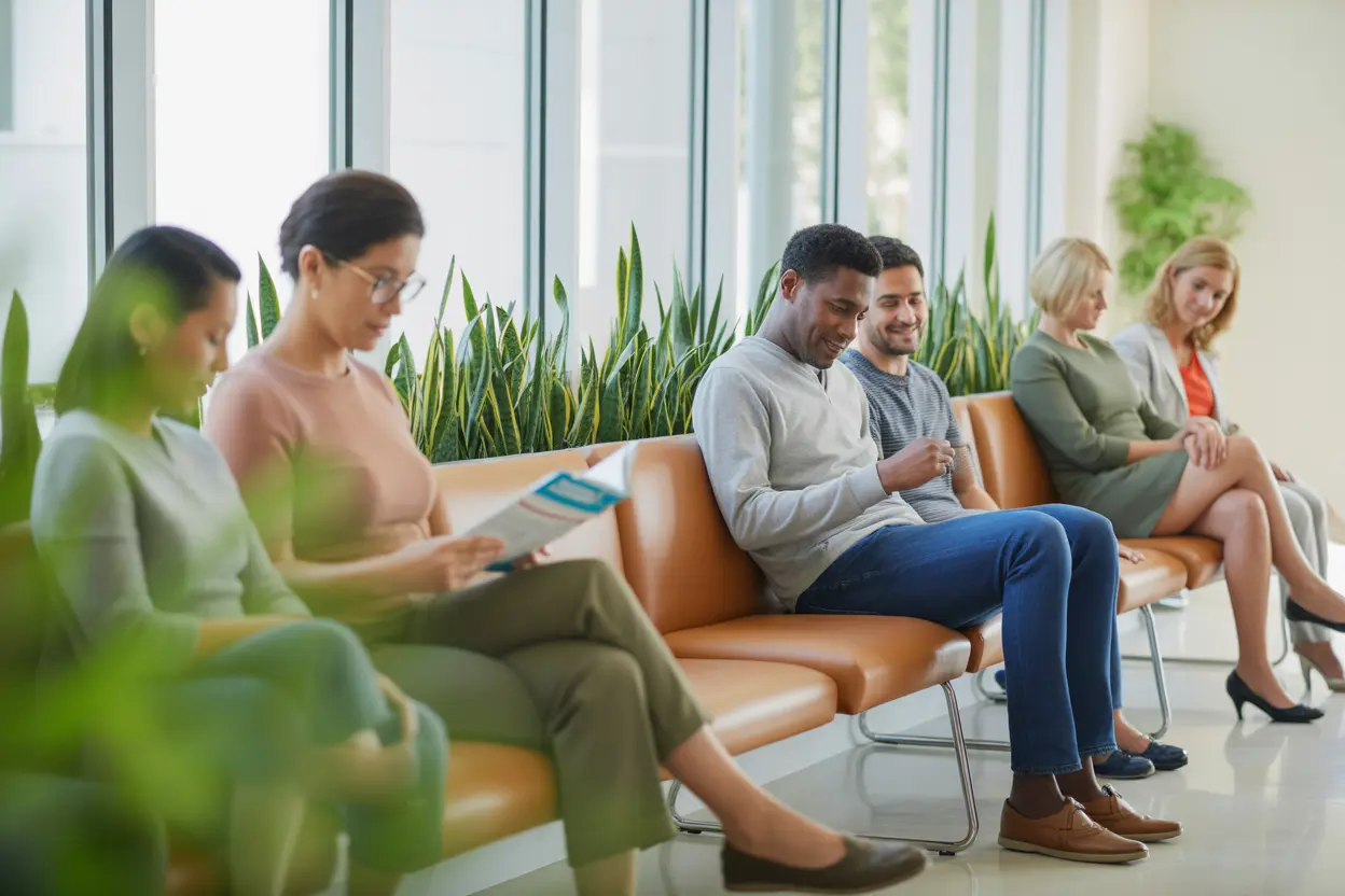 A bright, welcoming waiting room in a modern outpatient clinic in Indiana, conveying a sense of hope and professional care.