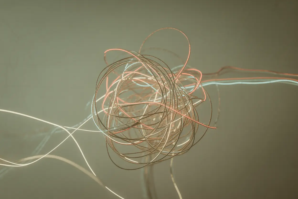 An abstract image showing a tangled web of colorful threads, representing disorganized thoughts in a non-frightening way.