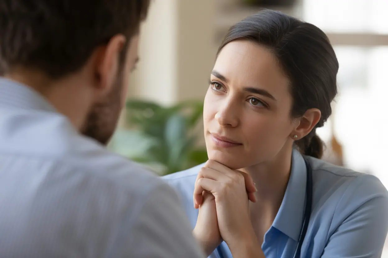 A healthcare professional listens with compassion during a one-on-one counseling session.