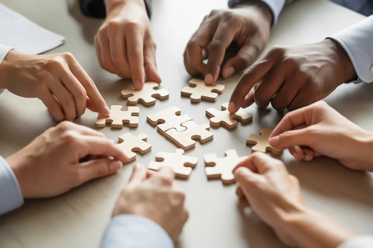 A diverse group of hands assembling a puzzle, representing different treatment pieces coming together.