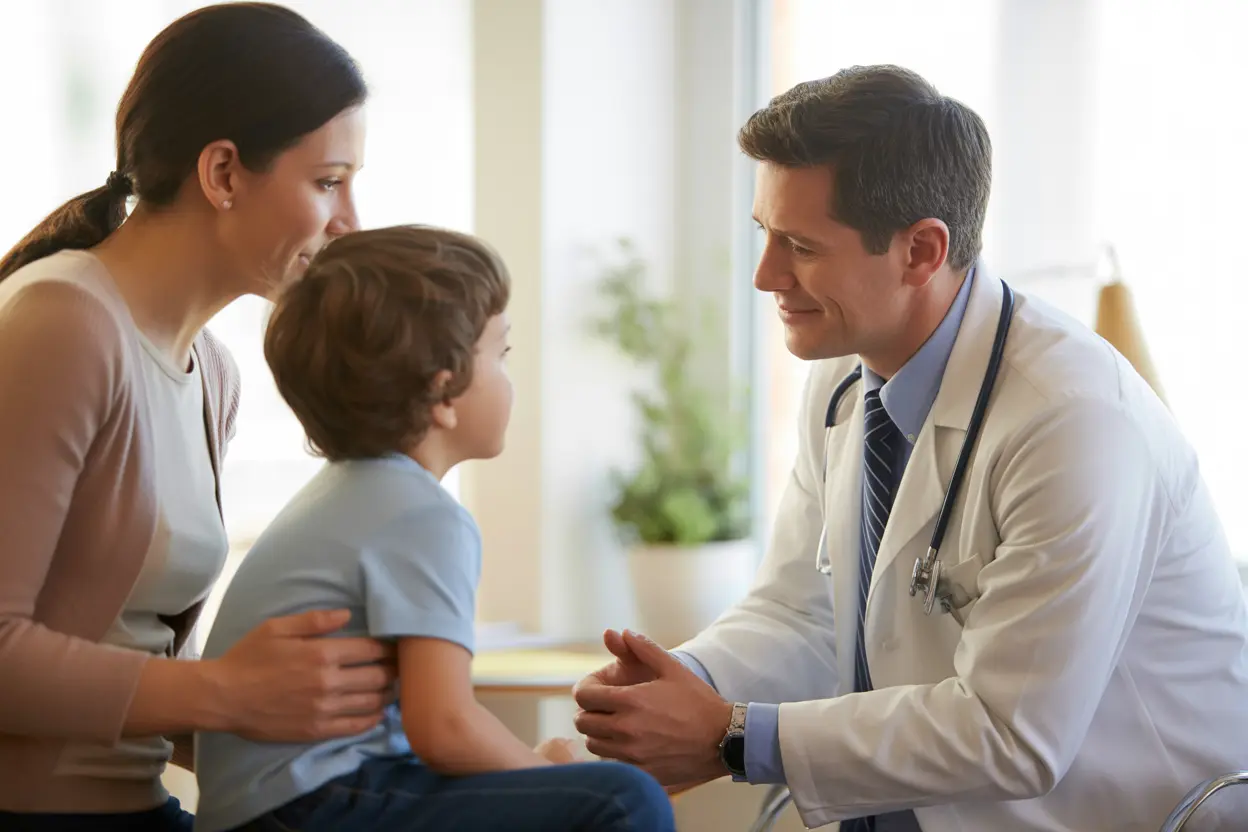 A compassionate doctor talking with a mother and her young son in a bright, modern office.