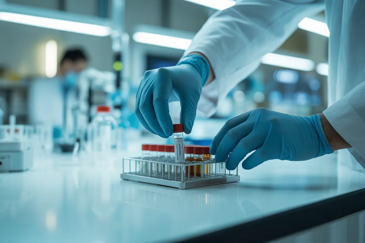 A lab technician's gloved hands placing a sample vial into a rack in a sterile laboratory.