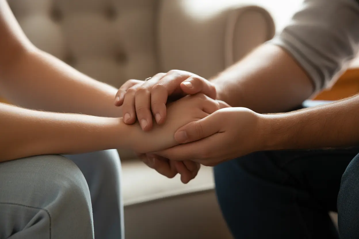 Two hands clasped together in a gesture of support and empathy.
