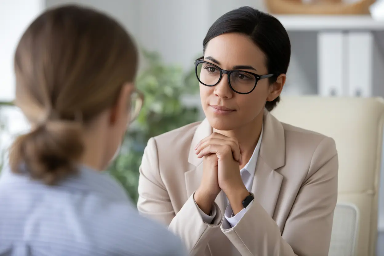 A compassionate support worker listens attentively in a bright, welcoming office.