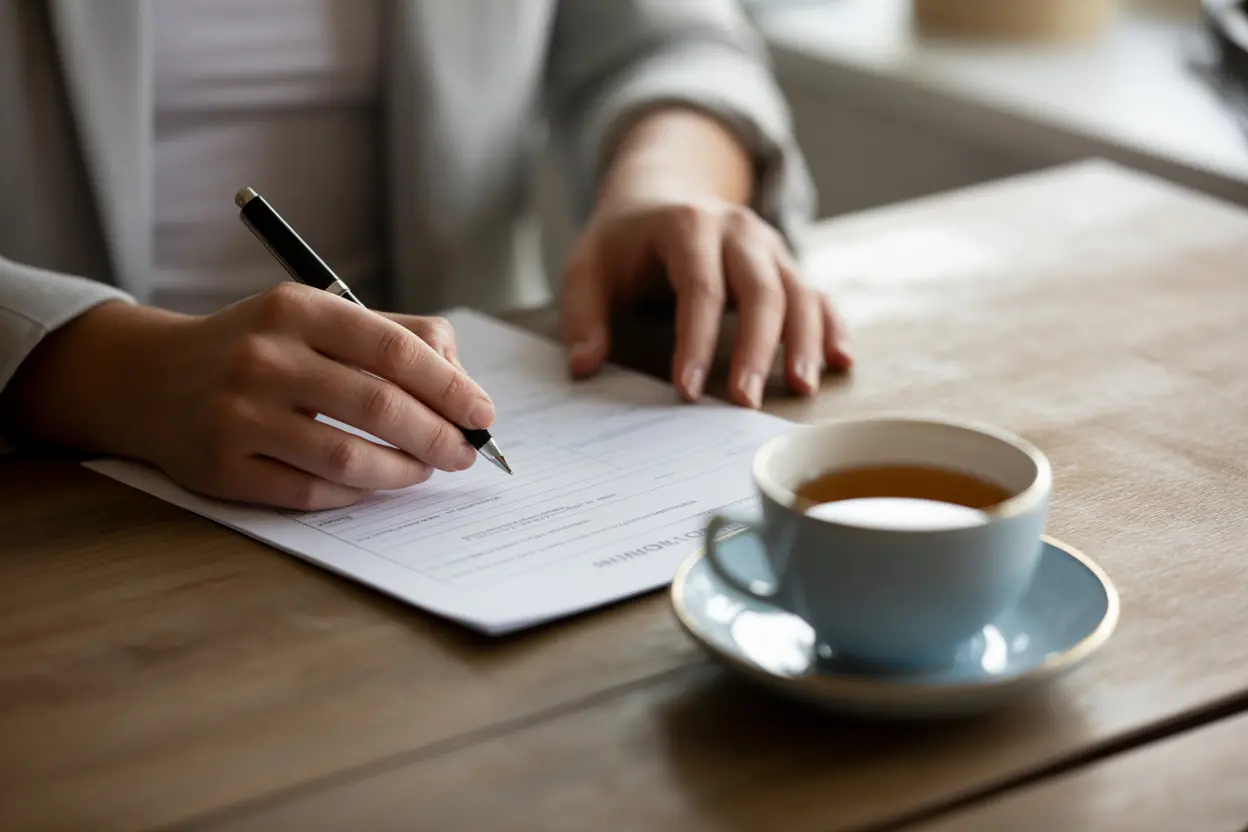 A person's hands calmly filling out a form, symbolizing taking control and accessing support.