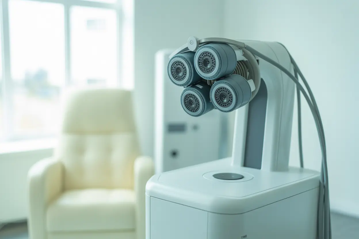 A modern transcranial magnetic stimulation (TMS) coil in a bright, clinical setting, representing hope and advanced treatment for depression.