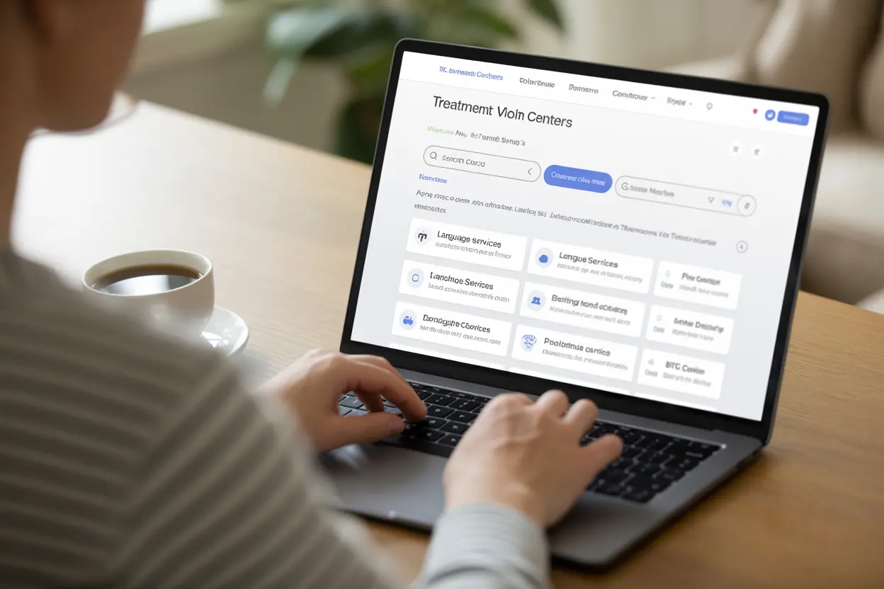 A person uses a laptop to search an online directory for rehabs with language services filters.