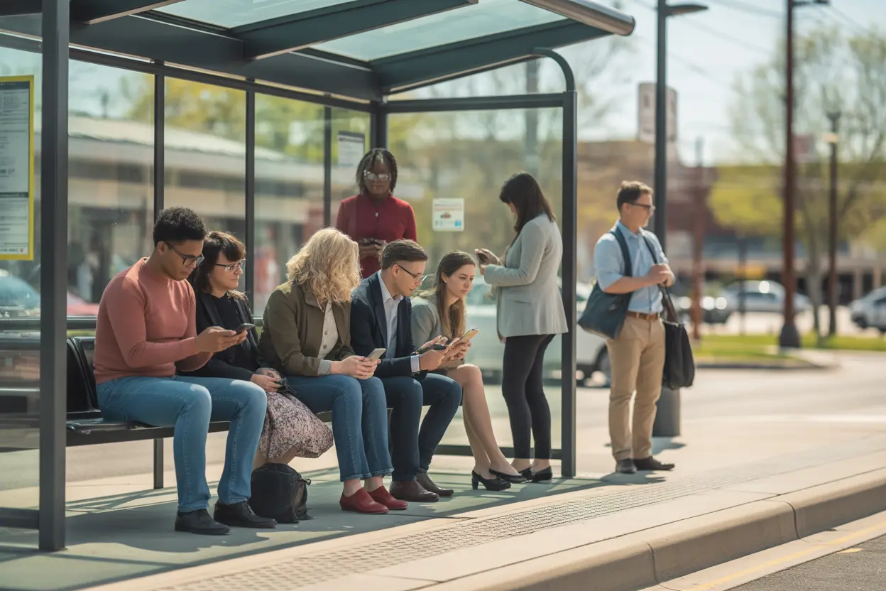 A diverse group of people waiting at a bus stop in a mid-sized Indiana town on a sunny day.