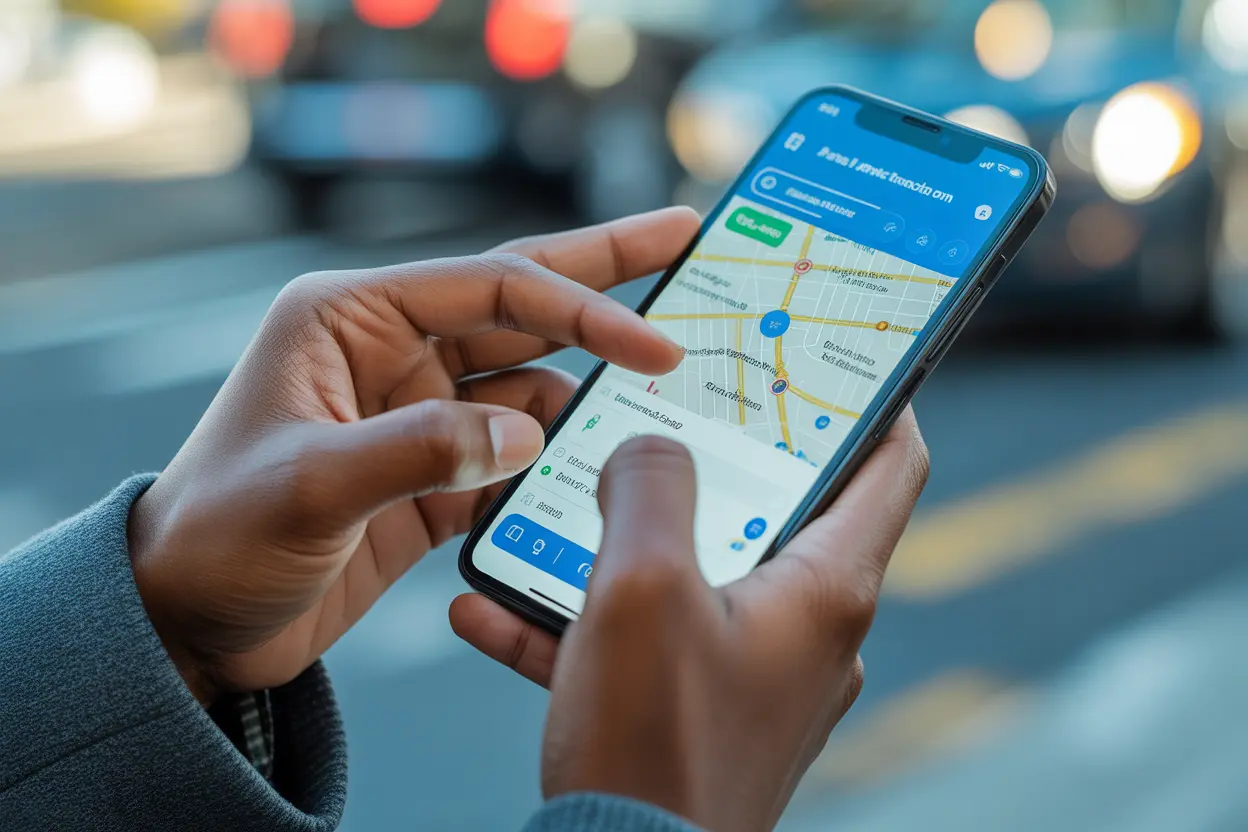 A person uses a smartphone to book a ride on a public transit app, with a map of an Indiana city on the screen.
