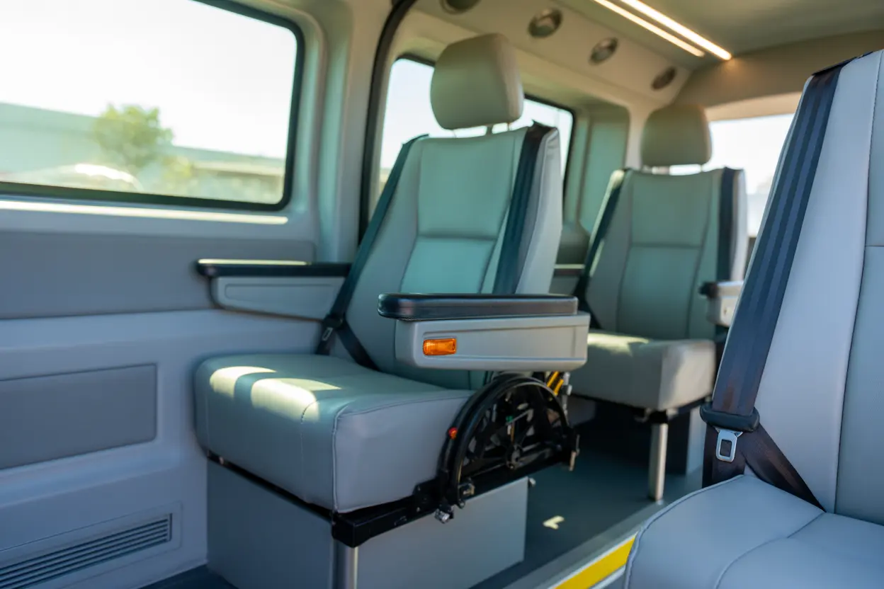 The clean and comfortable interior of a shuttle van, conveying safety and reliability.