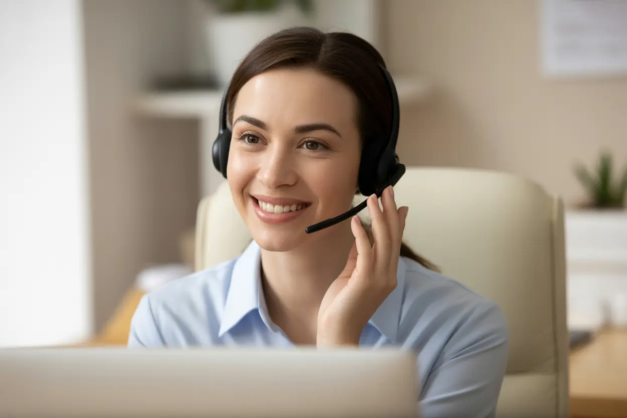 A friendly support specialist with a headset, smiling and ready to help someone calling for confidential assistance.