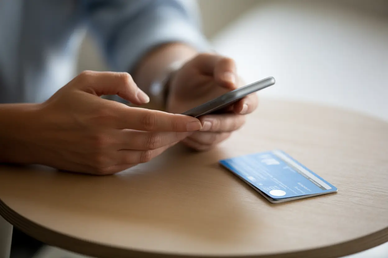 A person uses their smartphone and insurance card to look up transportation benefits for addiction treatment.