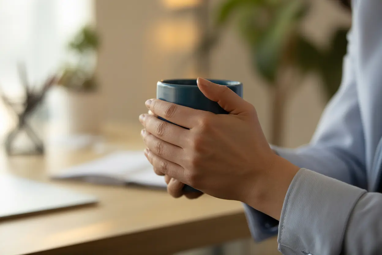 A person holding a warm mug, symbolizing a moment of comfort and reflection during a therapy session.