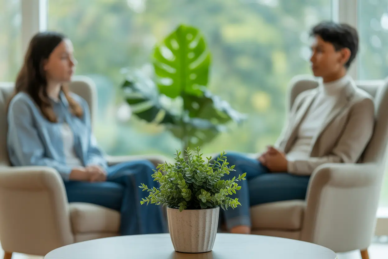 A quiet and hopeful therapy setting with a green plant symbolizing growth on a table.