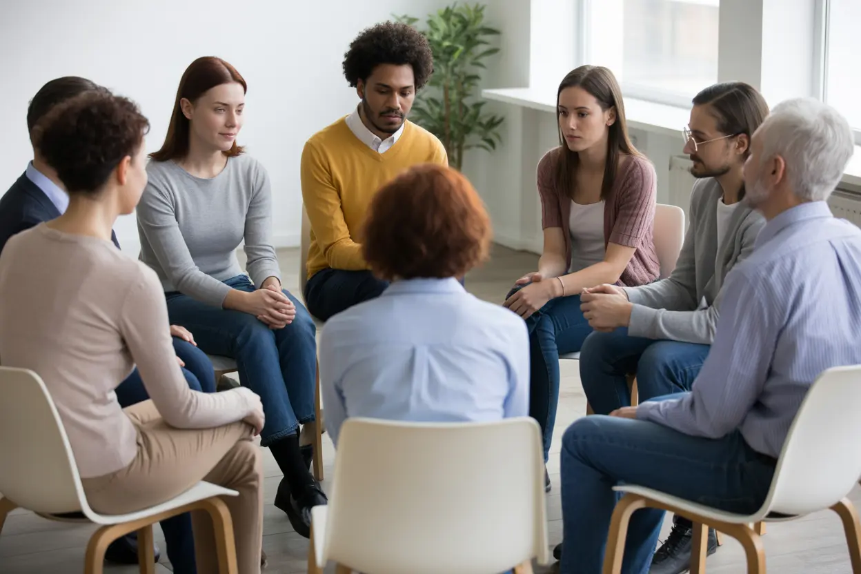 A supportive group therapy session with diverse individuals sitting in a circle, fostering a sense of community.
