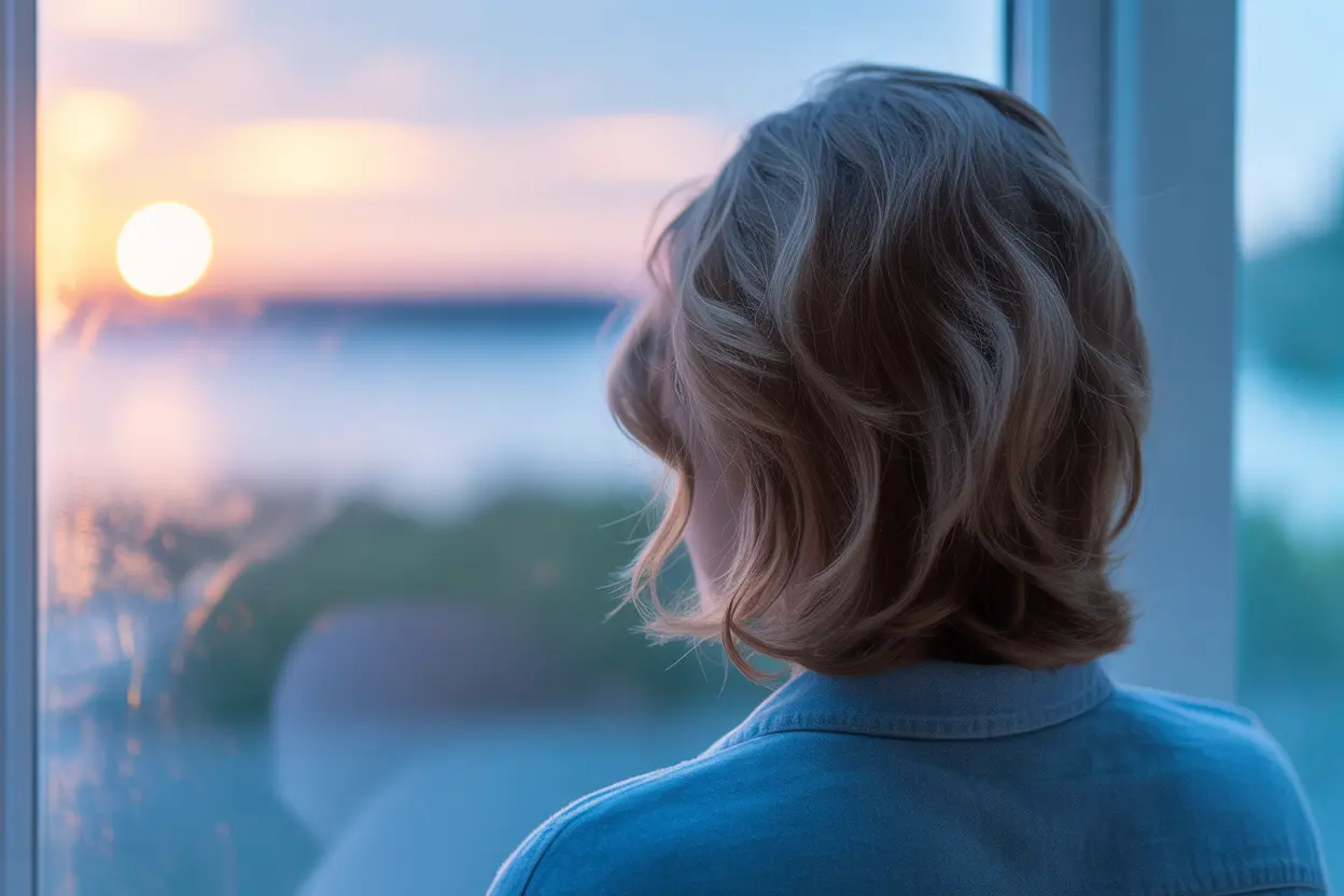 A person viewed from behind looking out a window at a serene sunrise, feeling hopeful about the future.