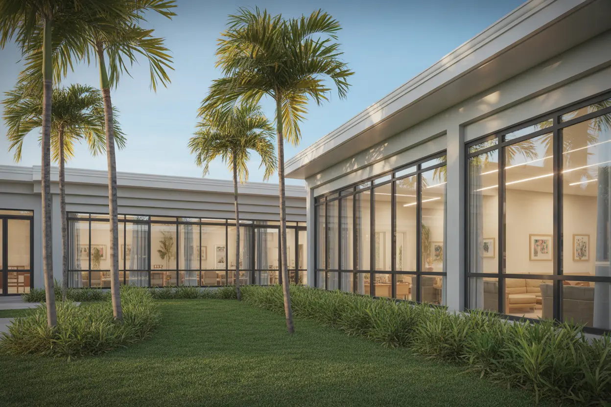 The welcoming exterior of a modern tropical rehab facility with palm trees.