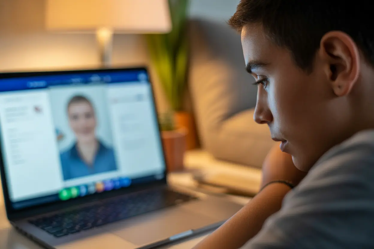 A student's face lights up with understanding during an online tutoring session.