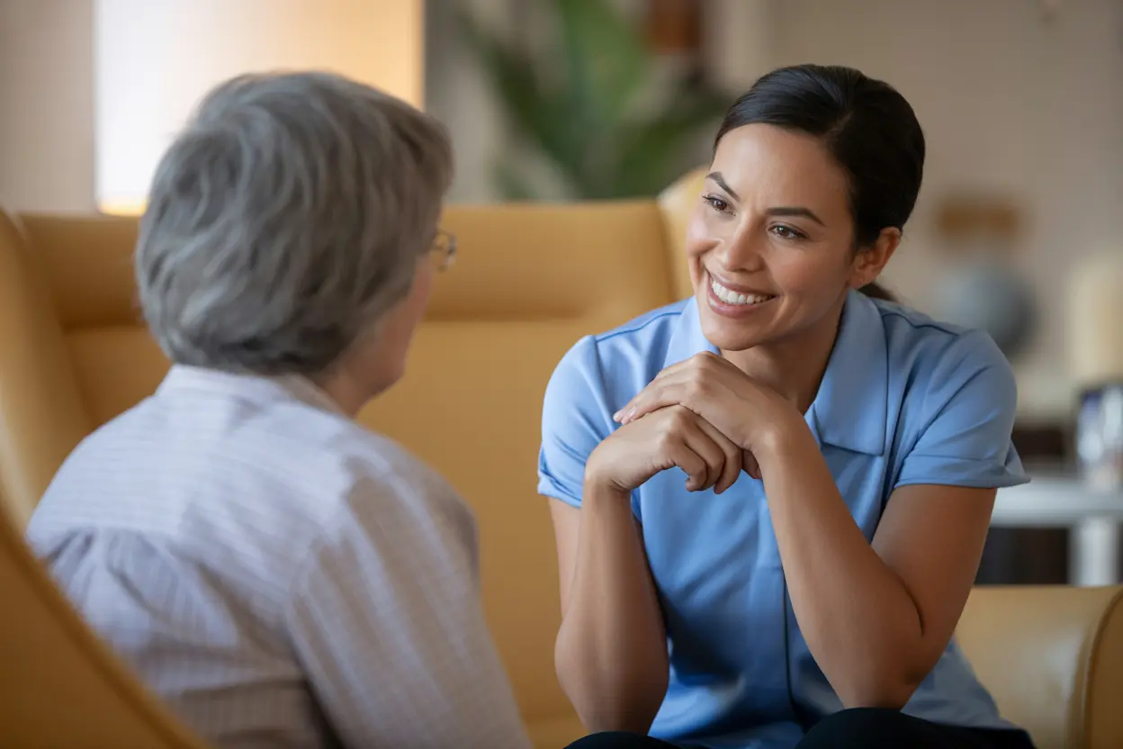A compassionate staff member listens intently to a resident in a comfortable lounge, showing support.