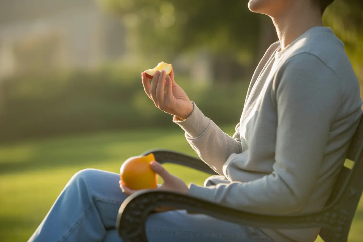 A person finds peace while eating fruit in a serene garden at a treatment center.