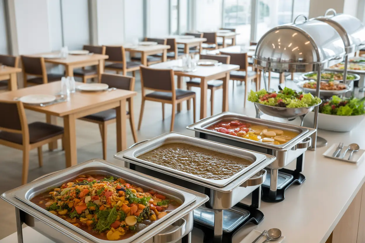 A bright, welcoming dining hall in a rehab facility with a buffet of healthy vegan dishes.