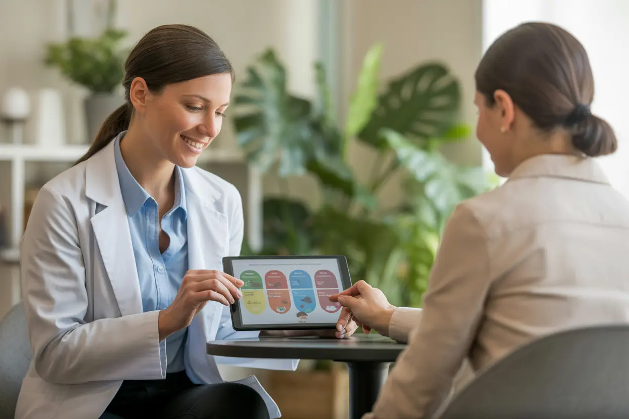 A nutritionist and patient review a meal plan on a tablet in a bright, friendly office.
