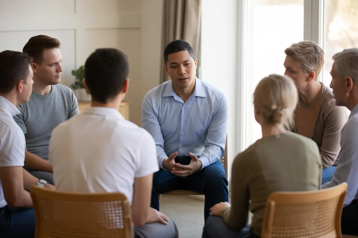 A supportive group therapy session for veterans at an Indiana rehab center.