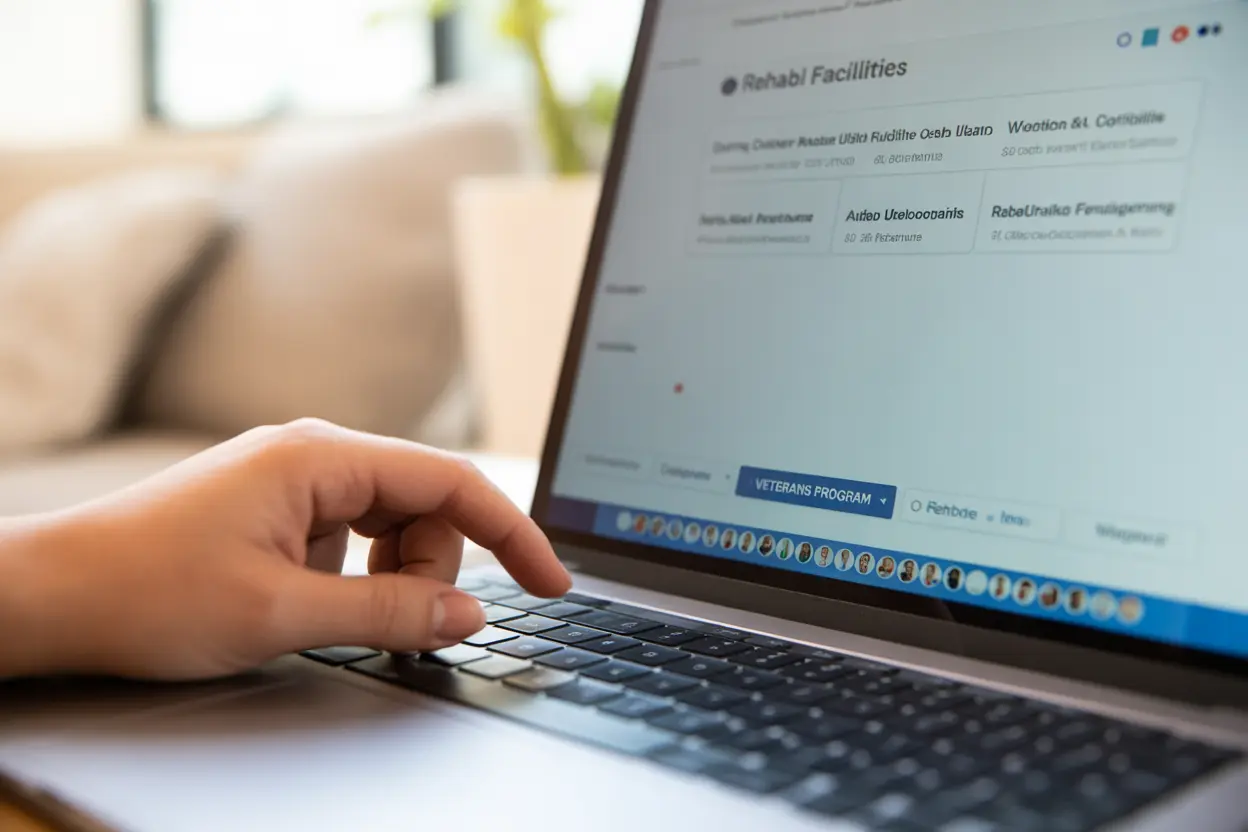 A veteran using a laptop to find a veterans program rehab in Indiana.