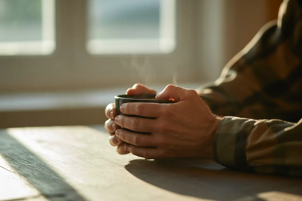 A veteran's hands holding a cup of coffee, signifying a moment of quiet reflection.