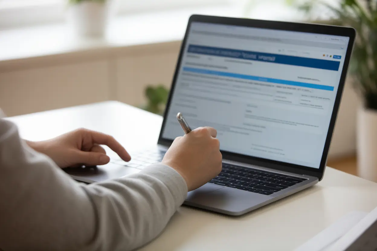 A person fills out an online insurance form on a laptop, signifying the process of checking benefits for rehab.