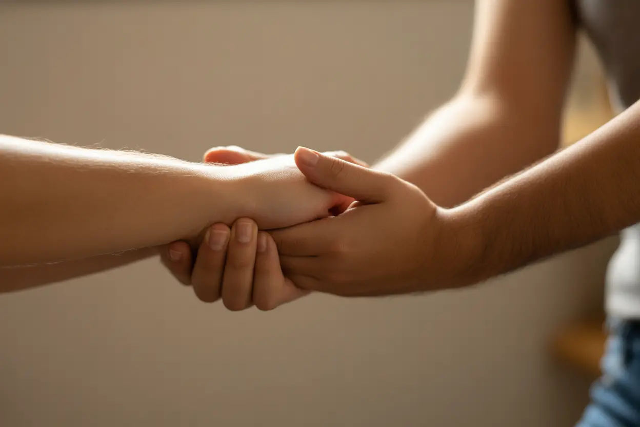 A close-up image of one person's hand resting gently on another's forearm in a gesture of comfort and support.