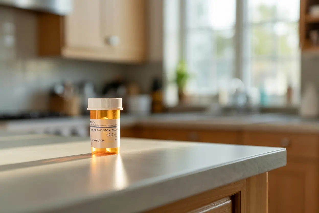 A prescription bottle on a kitchen counter, illustrating the everyday context of prescription medication.