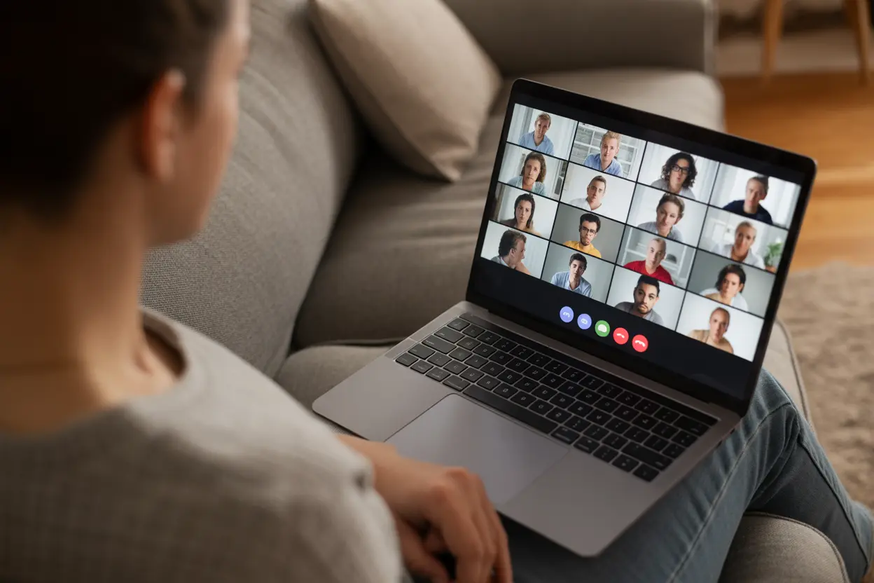 A person attends a virtual group therapy session from their couch, showing the convenience of online treatment.