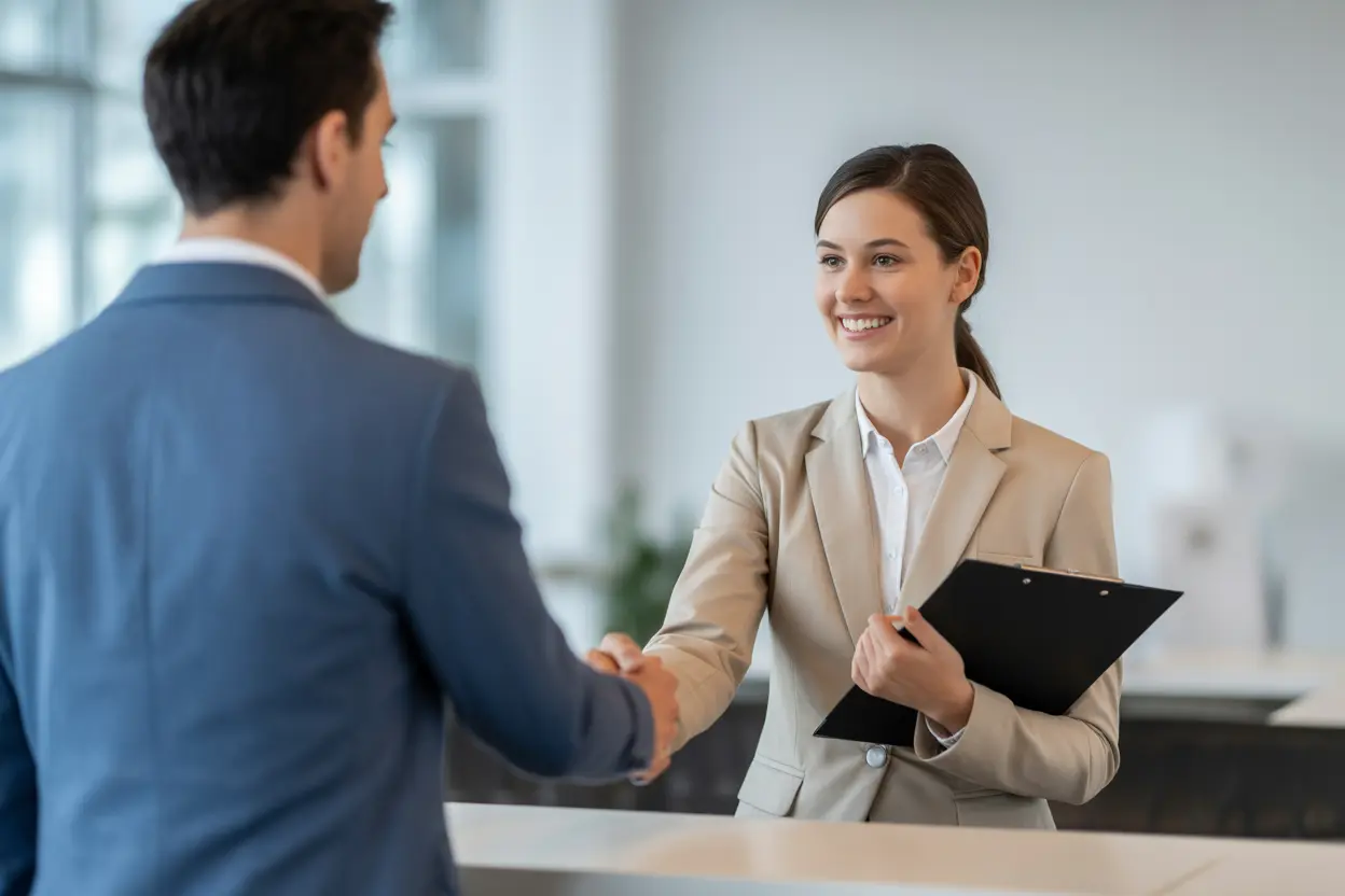 A friendly staff member warmly greeting a visitor at a rehab facility's reception desk.
