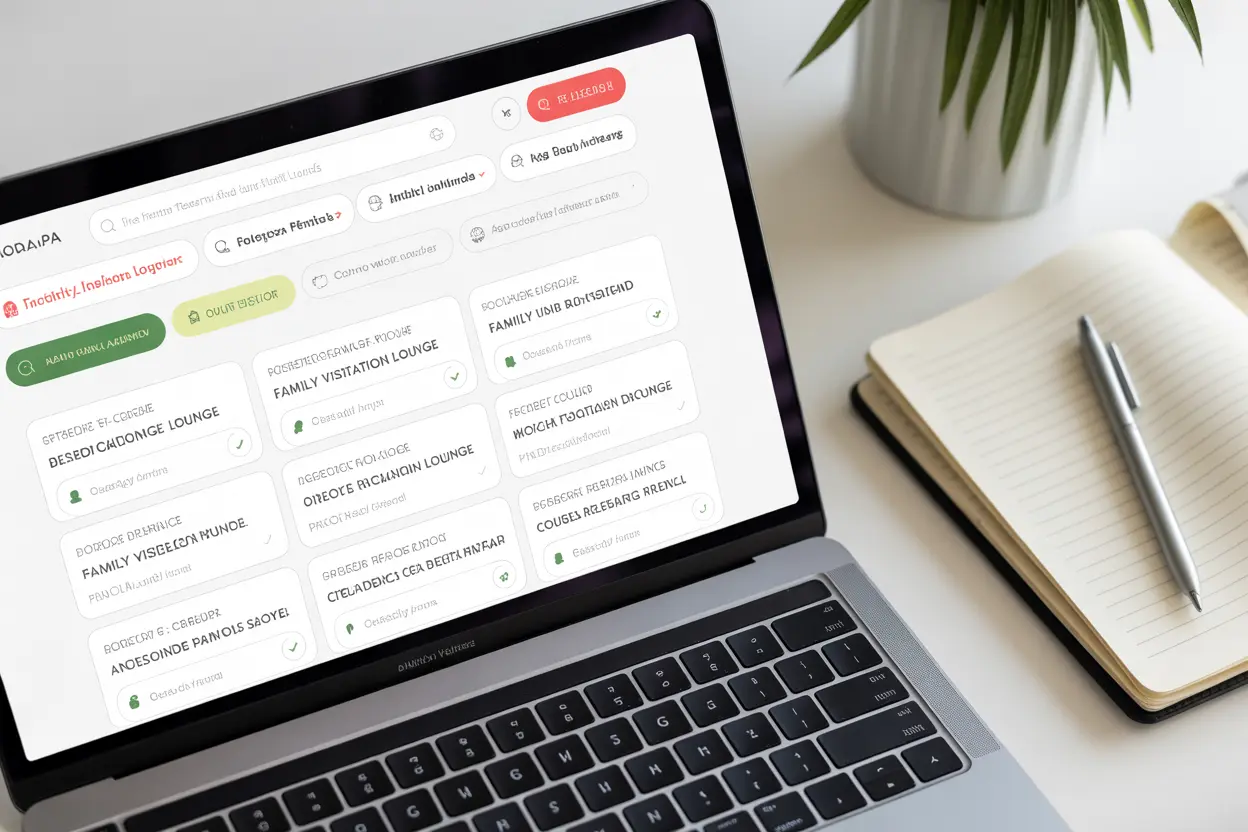 A laptop screen showing a rehab directory website with the 'Family Visitation Lounge' filter selected.